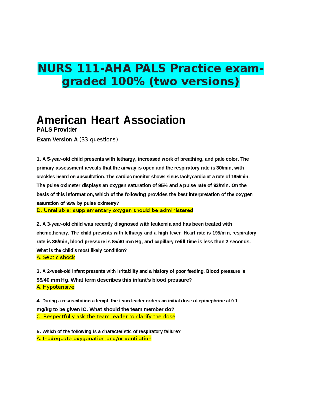NURS 111-AHA PALS Practice exam-graded 100% .docx | Exams Nursing | Docsity