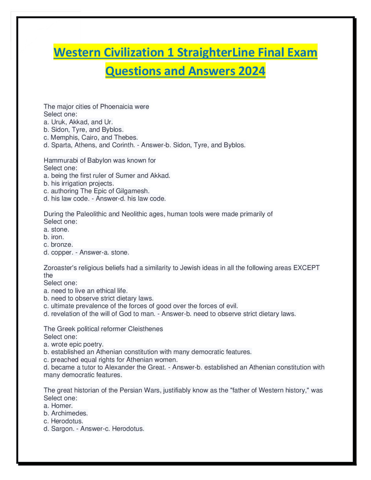 Western Civilization 1 StraighterLine Final Exam Questions and Answers ...
