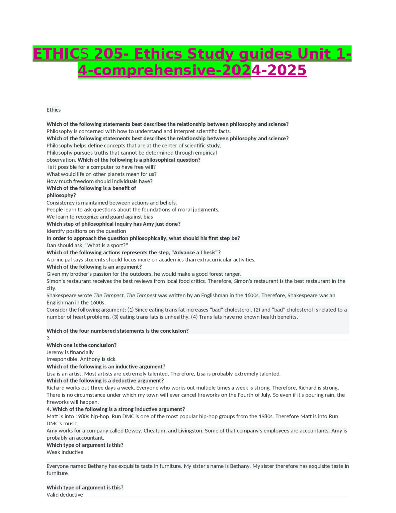 ETHICS 205 Ethics Study guides Unit Exams Advanced Education