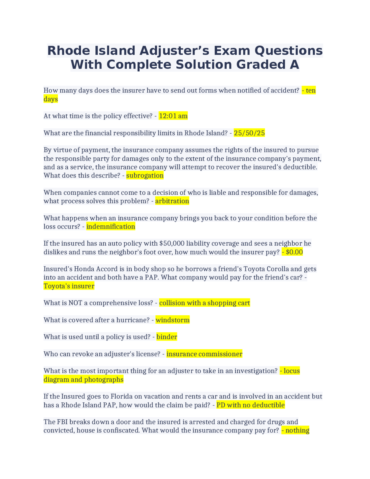 Rhode Island Adjuster’s Exam Questions With Complete Solution Graded A Exams Advanced