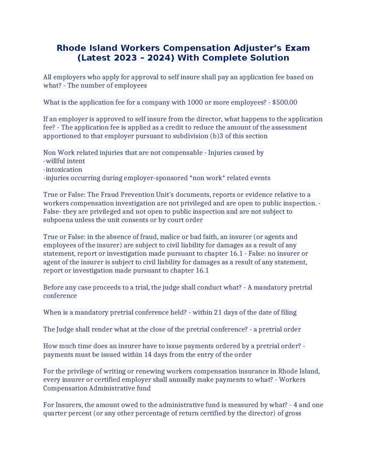 Rhode Island Workers Compensation Adjuster’s Exam (Latest 2023 2024