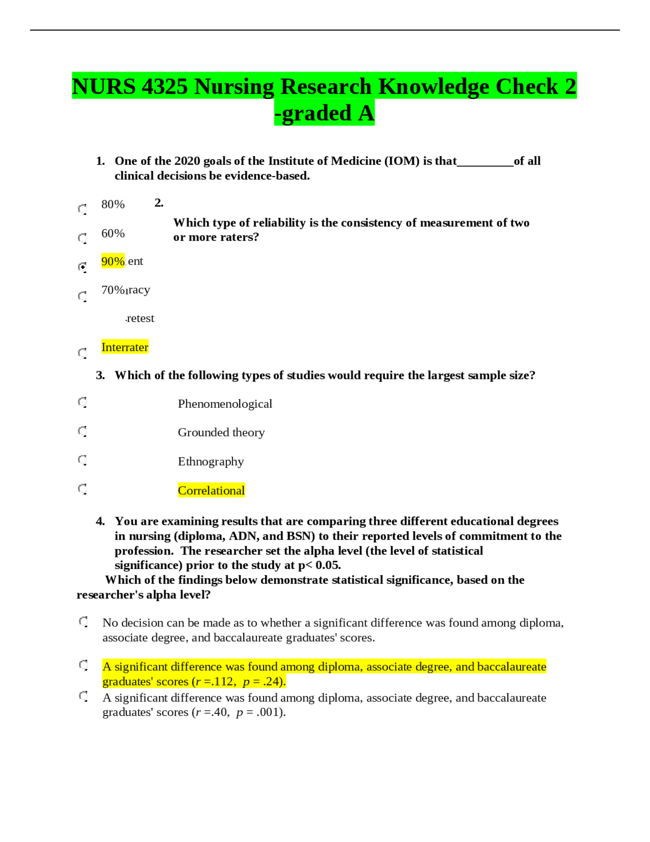 NURS 4325 Nursing Research Knowledge Check 2 -graded A.docx | Exams ...
