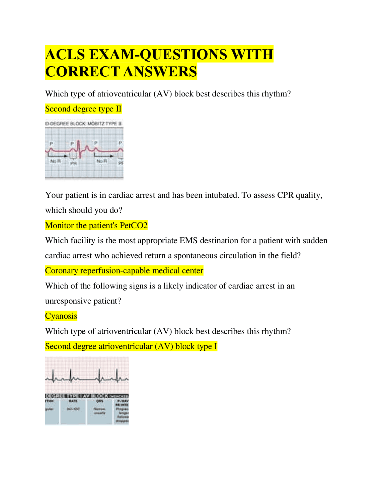 ACLS EXAMQUESTIONS WITH CORRECT ANSWERS Exams Cardiology Docsity