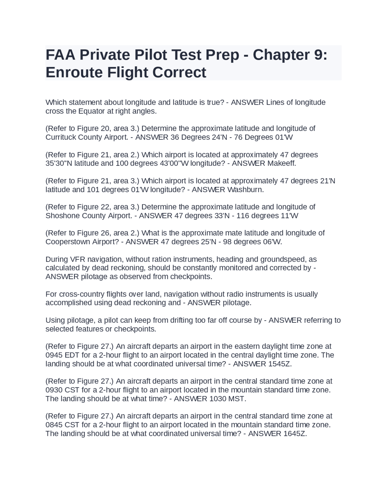 FAA Private Pilot Test Prep - Chapter 9: Enroute Flight Correct | Exams ...