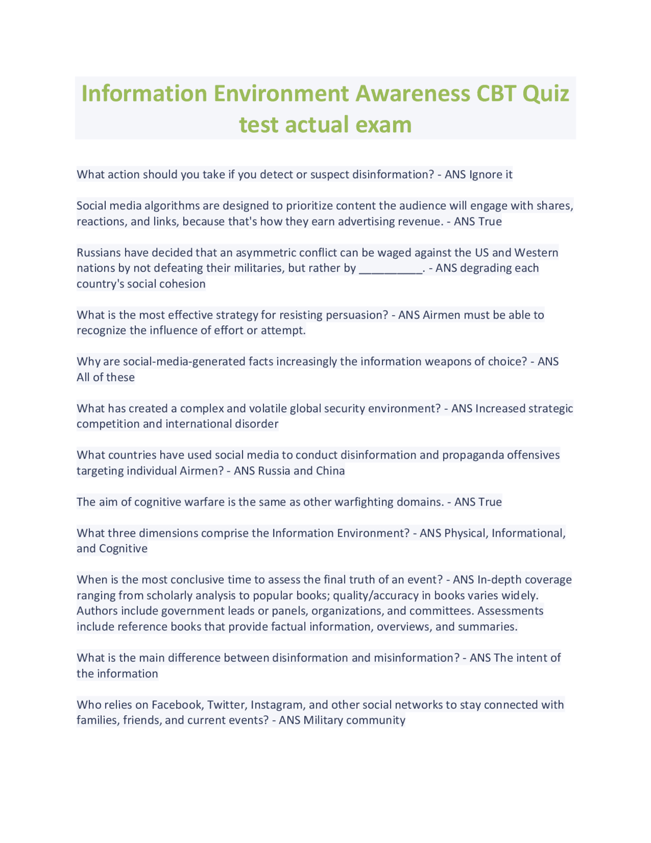 Information Environment Awareness CBT Quiz test actual exam | Exams ...