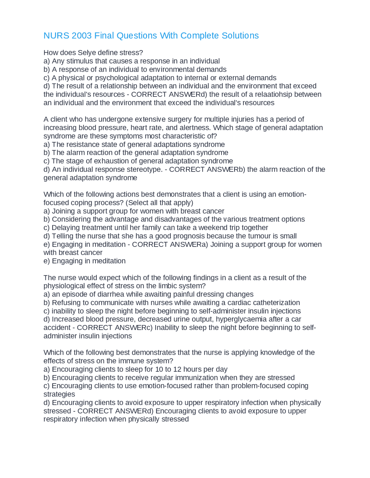NURS 2003 Final Questions With Complete Solutions | Exams Nursing | Docsity