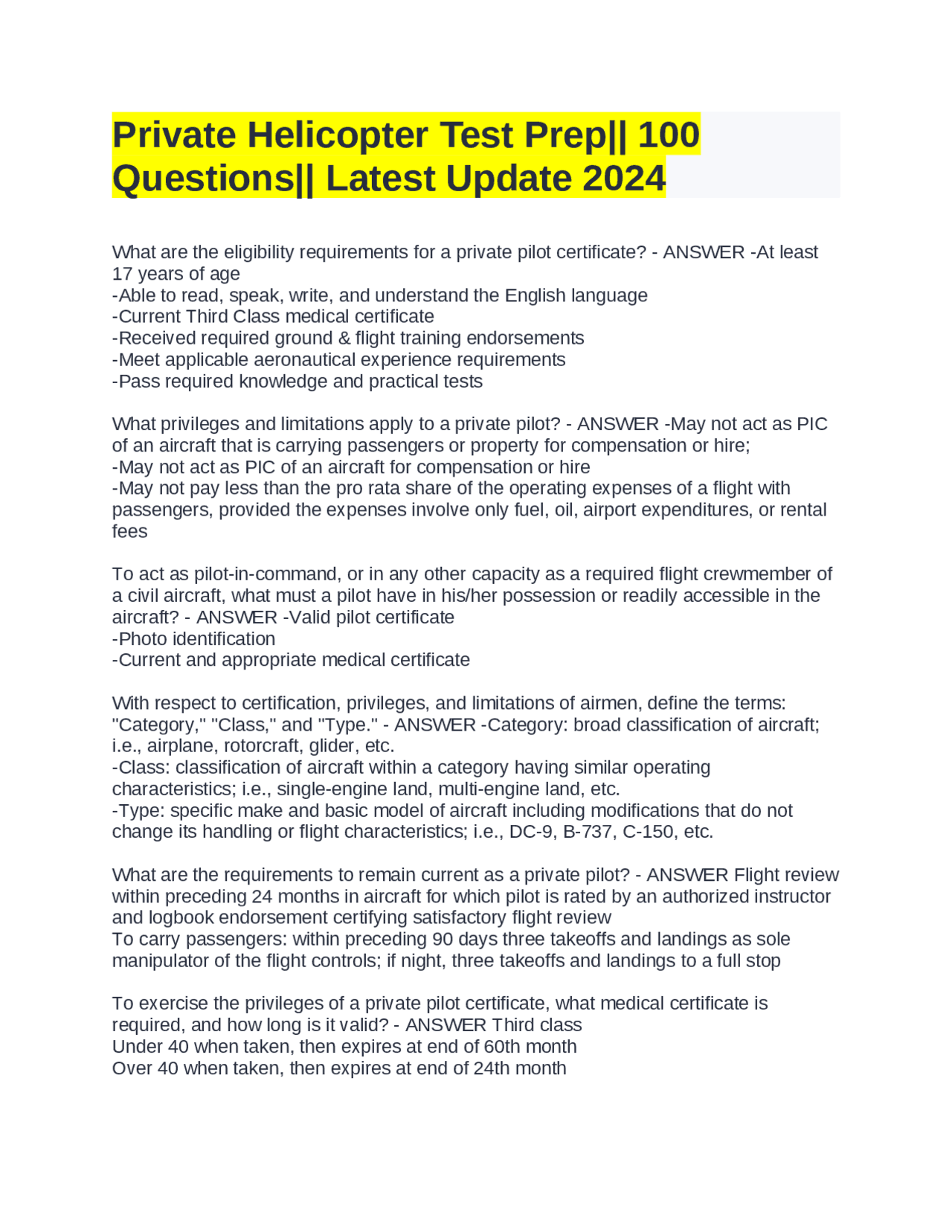 Private Helicopter Test Prep|| 100 Questions|| Latest Update 2024 ...