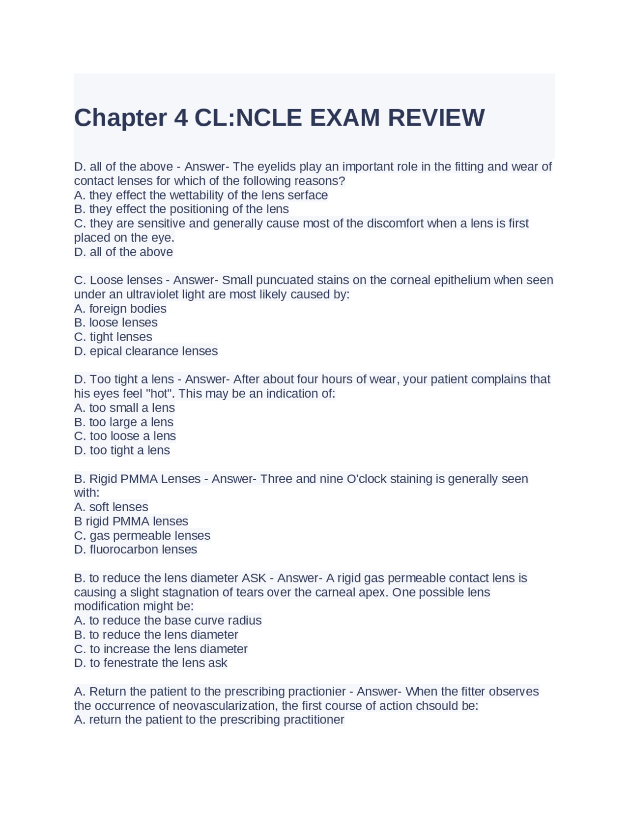 Chapter 4 CL-NCLE EXAM REVIEW 2024 QUESTIONS AND ANSWERS | Exams ...