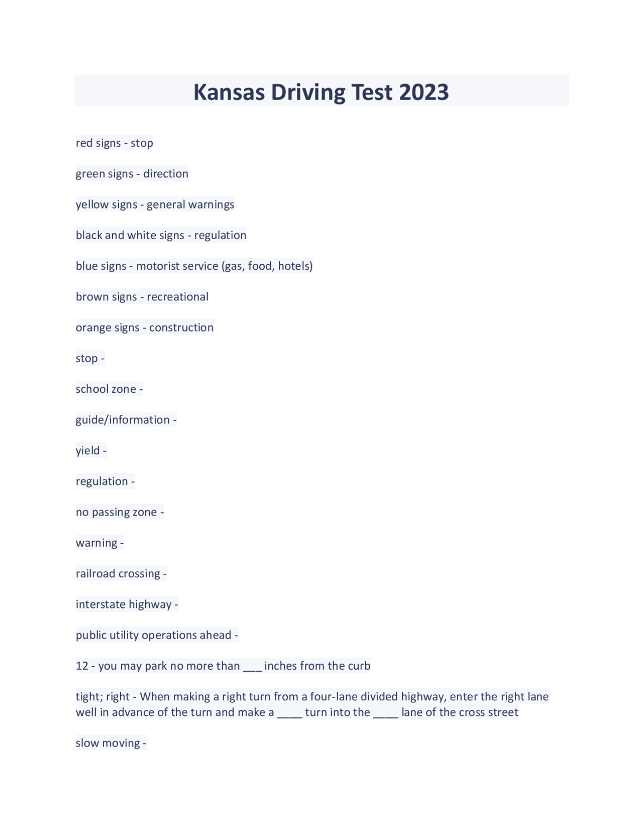 Kansas Driving permit Test 202 Exams Advanced Education Docsity