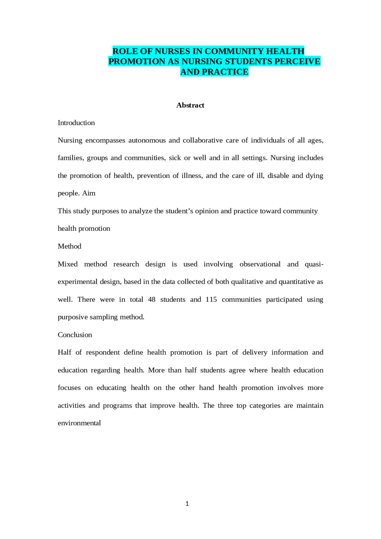 The Role of Nurses in Community Health Promotion | Exams Nursing | Docsity
