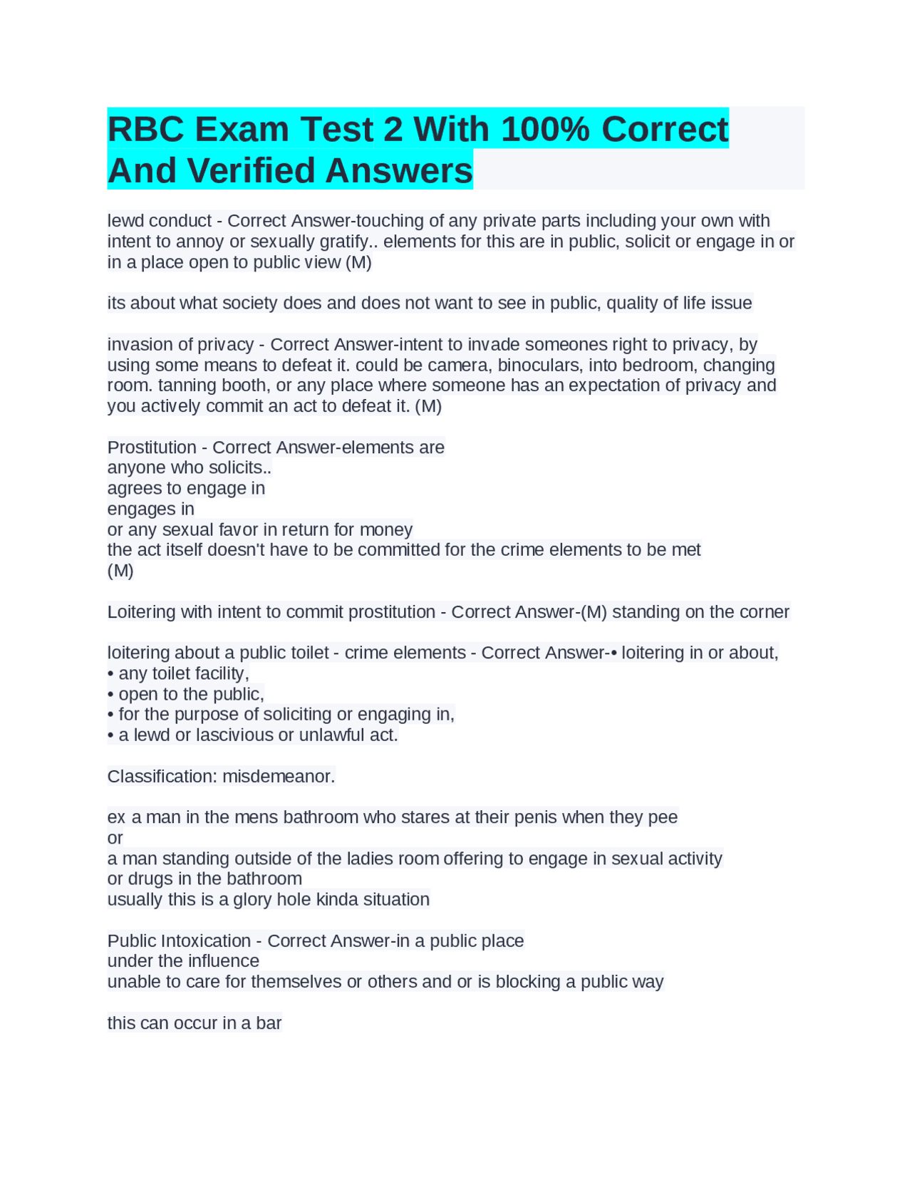 RBC Exam Test 2 With 100% Correct And Verified Answers | Exams Advanced ...