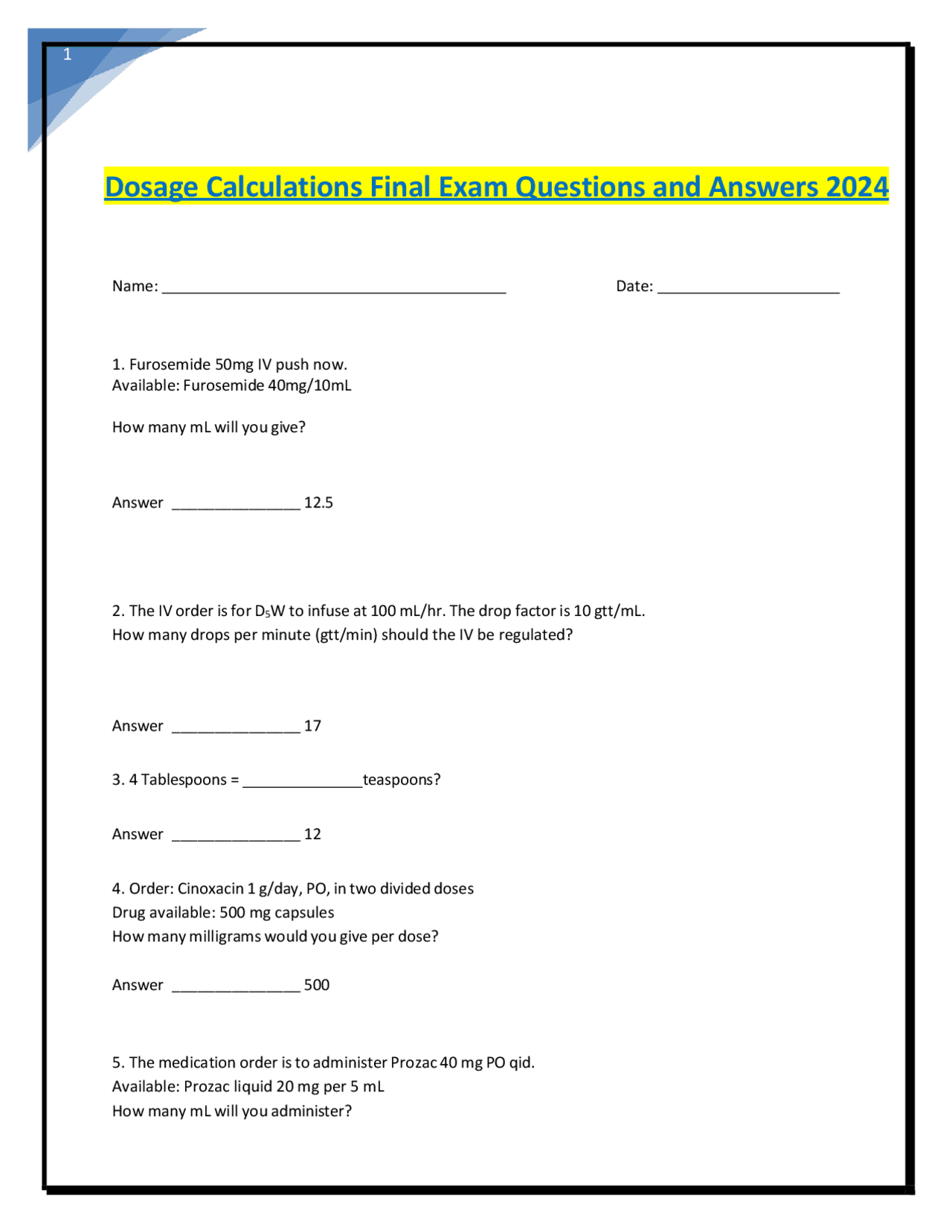 Dosage Calculations Final Exam Questions and Answers 2024 | Exams ...