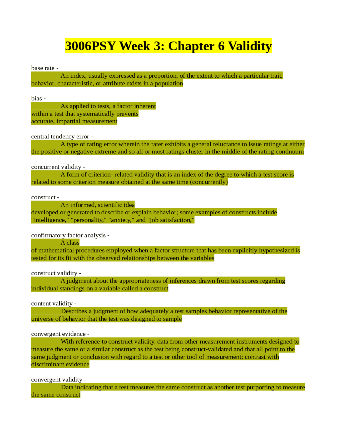 3006PSY Week 3: Chapter 6 Validity | Exams Psychology | Docsity