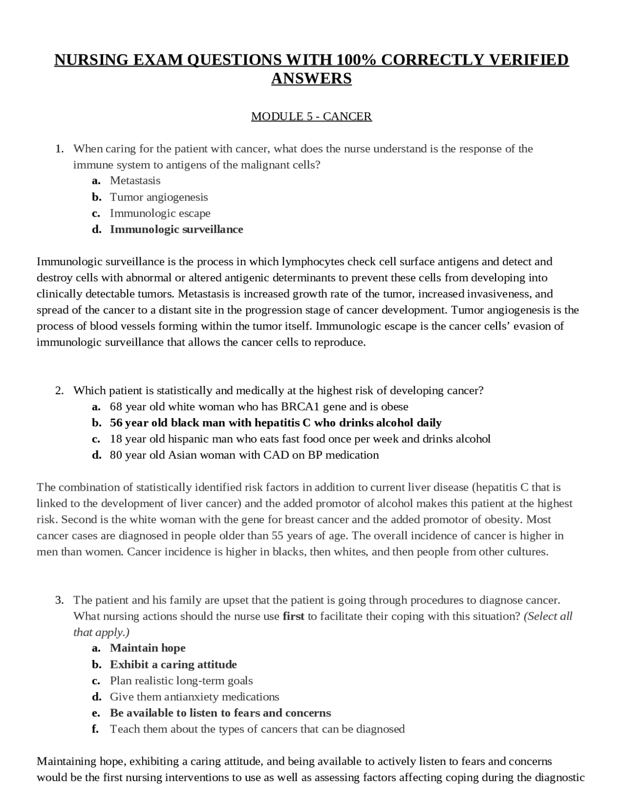 NURSING EXAM QUESTIONS WITH 100% CORRECTLY VERIFIED ANSWERS | Exams ...