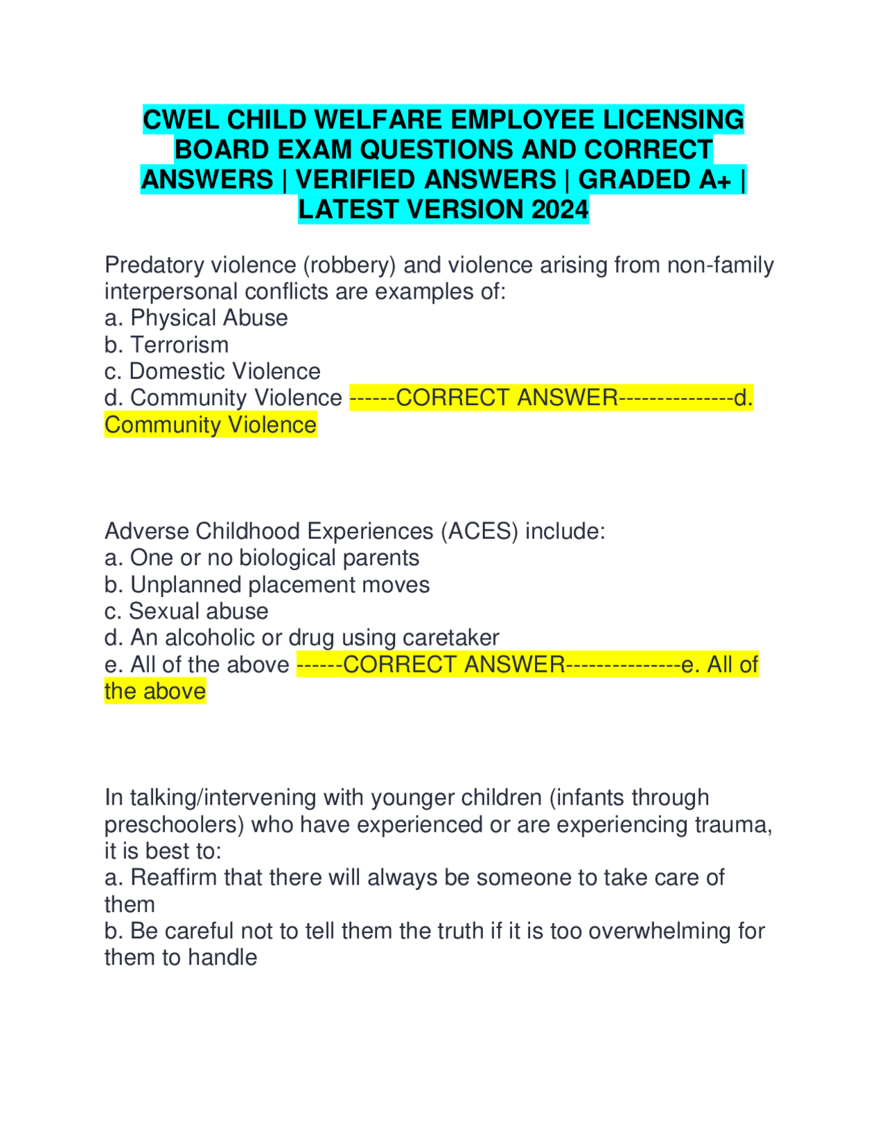 CWEL CHILD WELFARE EMPLOYEE LICENSING BOARD EXAM QUESTIONS AND CORRECT CWEL CHILD WELFARE EMPLOYEE LICENSING BOARD EXAM QUESTIONS AND CORRECT