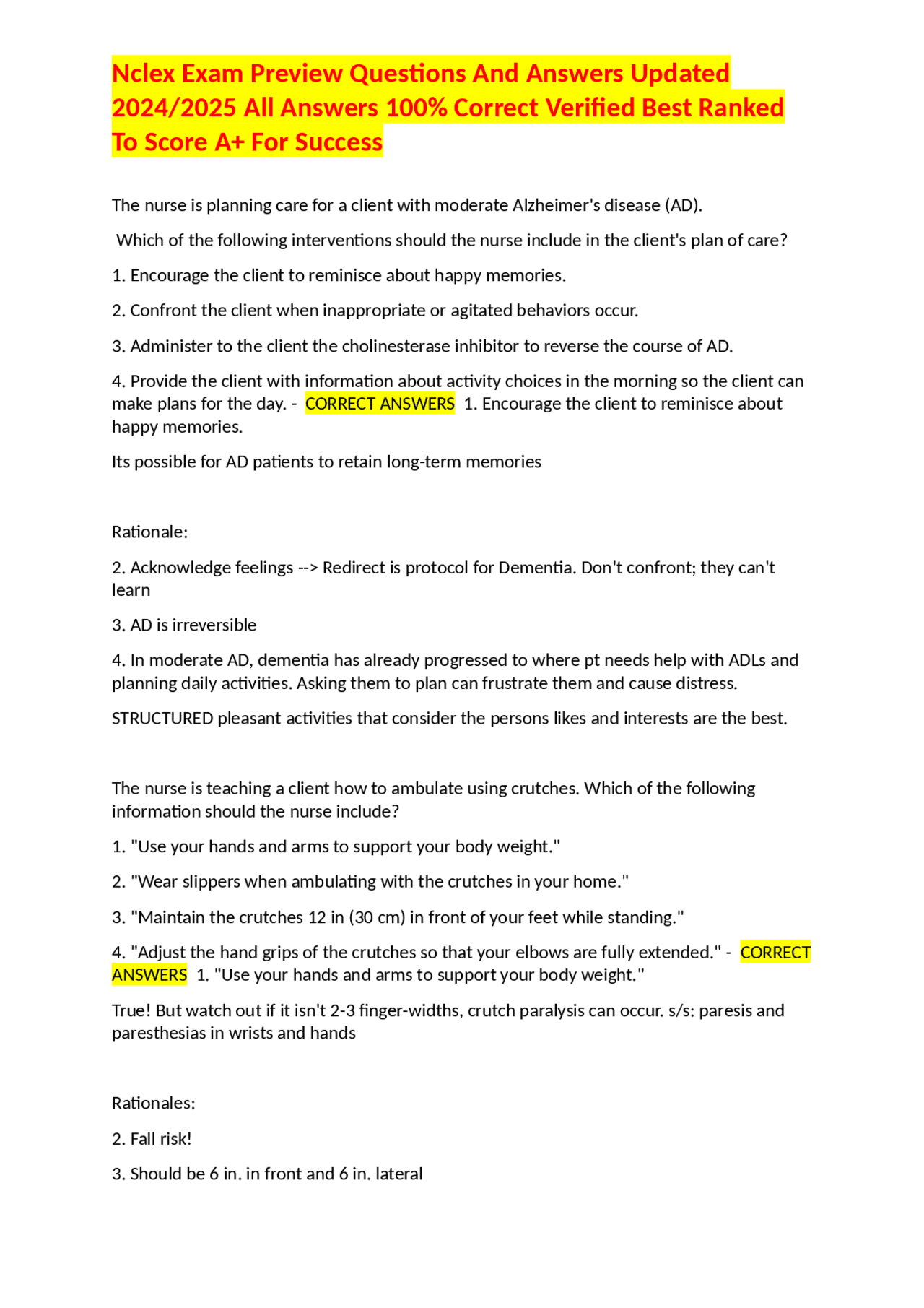 Nclex Exam Preview Questions And Answers Updated 2024/2025 All Answers ...