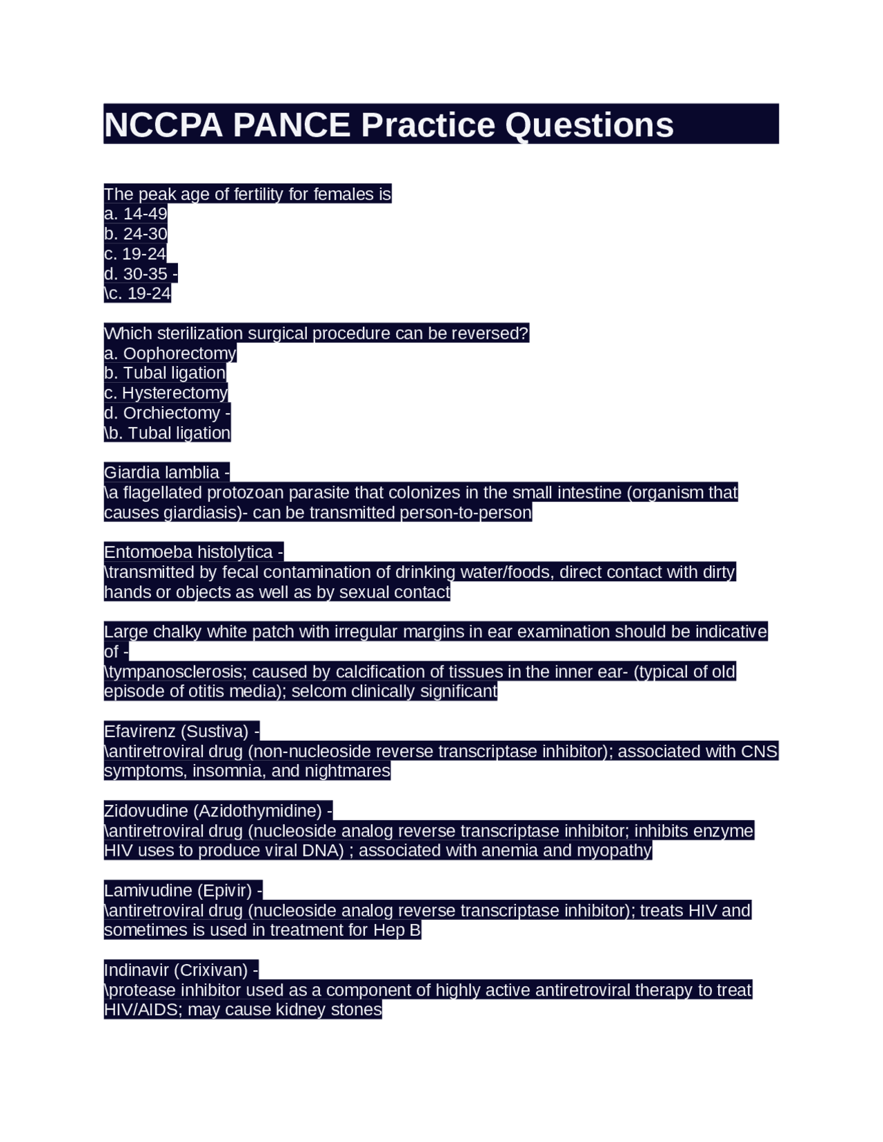 Pance Example Questions NCCPA PANCE Practice Questions | Exams Medicine | Docsity