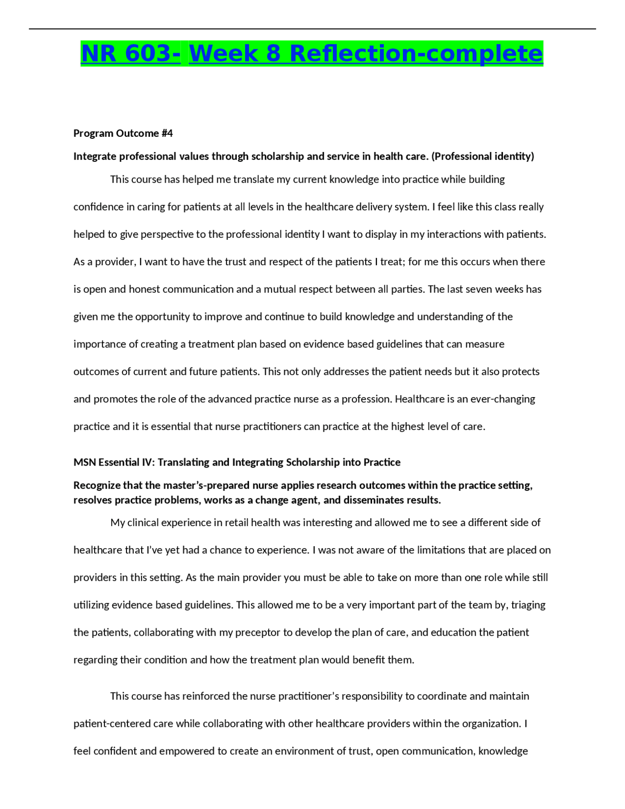 NR 603- Week 8 Reflection-complete.docx | Exams Nursing | Docsity