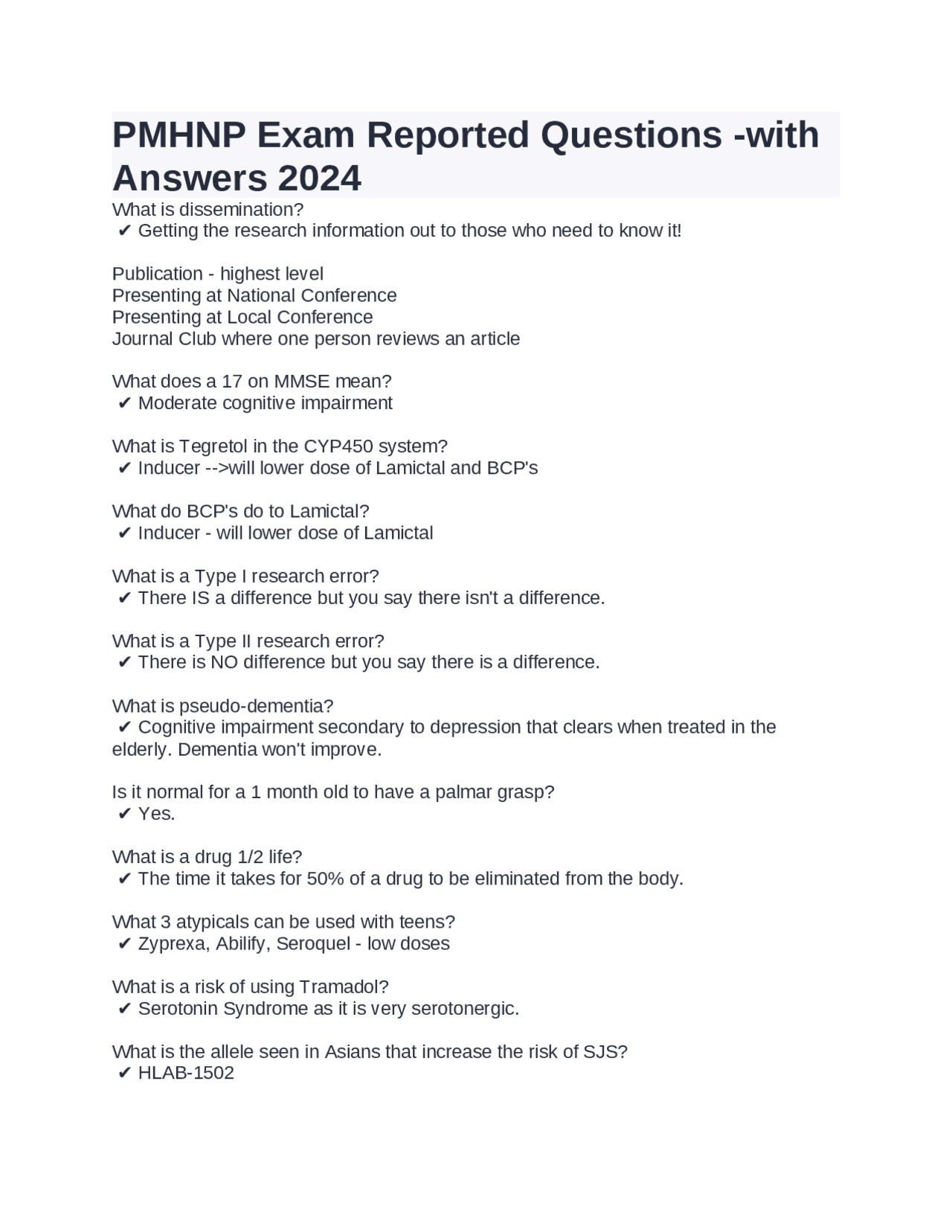 PMHNP Exam Reported Questions -with Answers 2024 | Exams Nursing | Docsity
