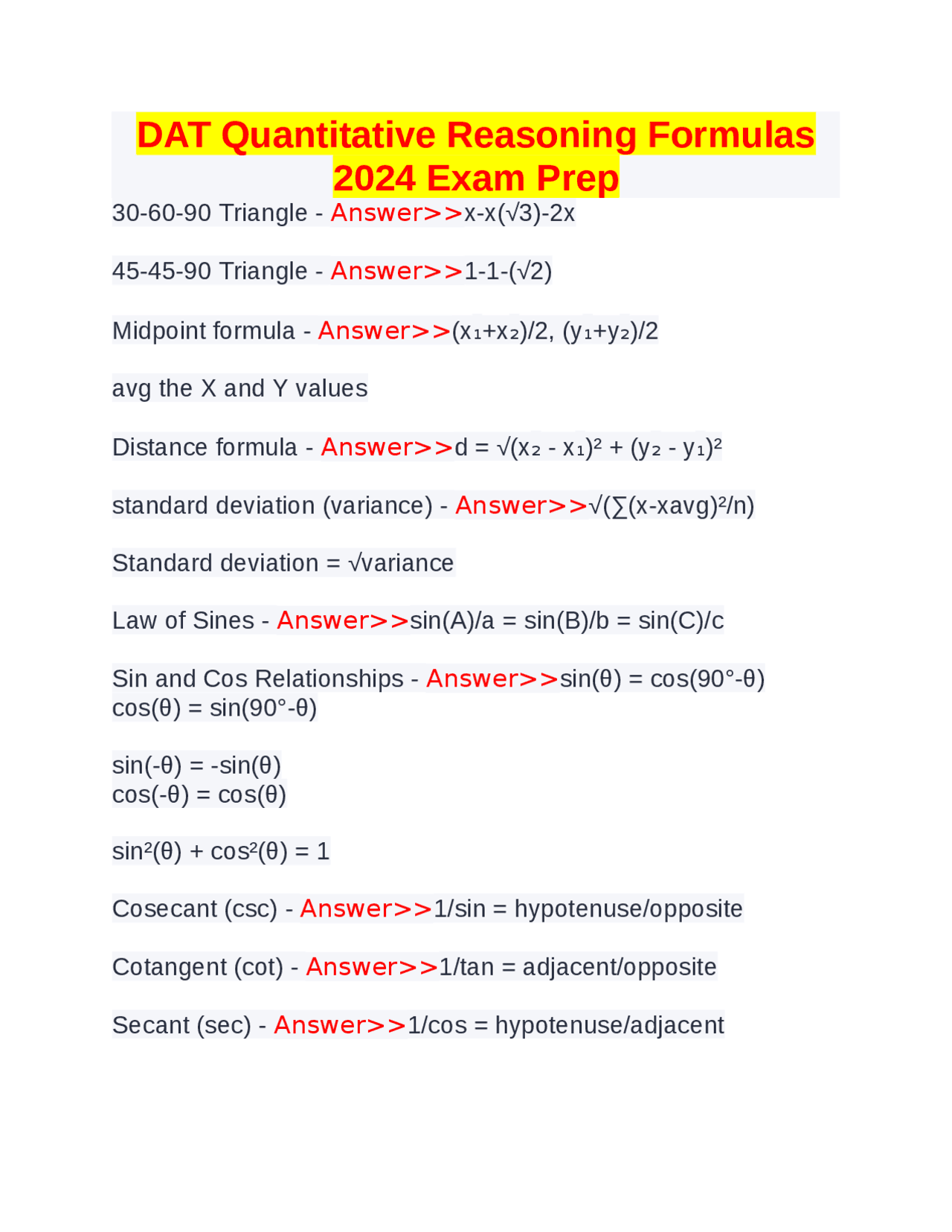 DAT Quantitative Reasoning Formulas 2024 Exam Prep | Exams Physics ...