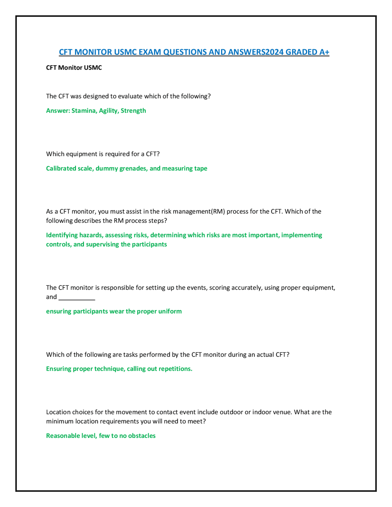 CFT MONITOR USMC EXAM QUESTIONS AND ANSWERS 2024 GRADED A+ | Exams ...