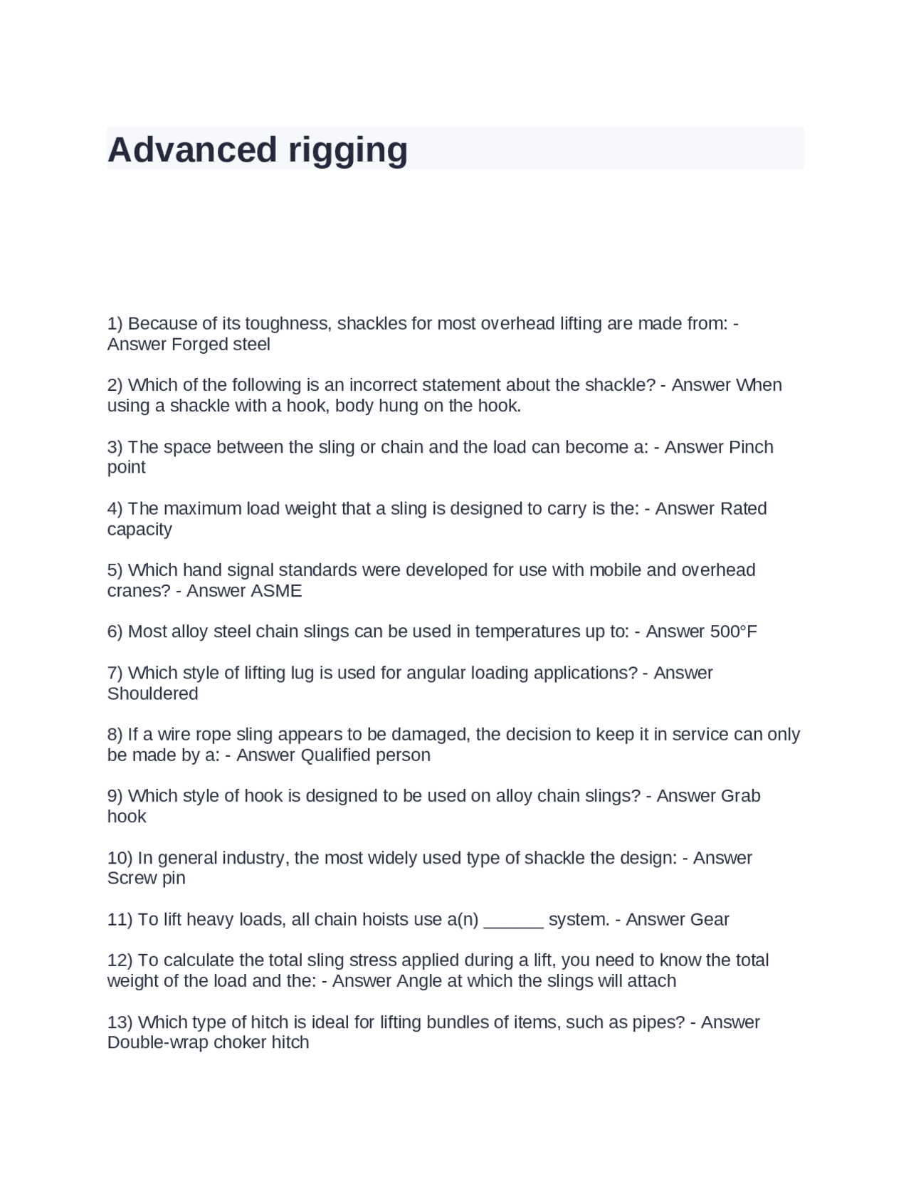 Advanced rigging Exam Questions with Complete Answers Exams Nursing