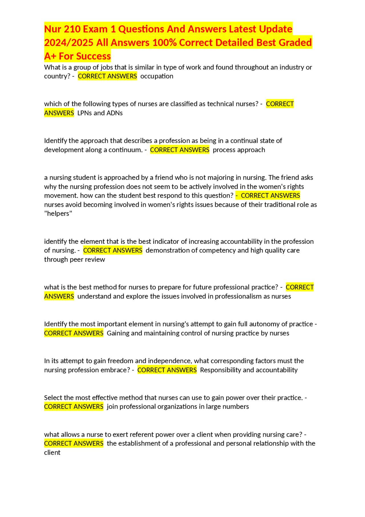 Nur 210 Exam 1 Questions And Answers Latest Update 2024/2025 All Answers 100% Correct Deta ...