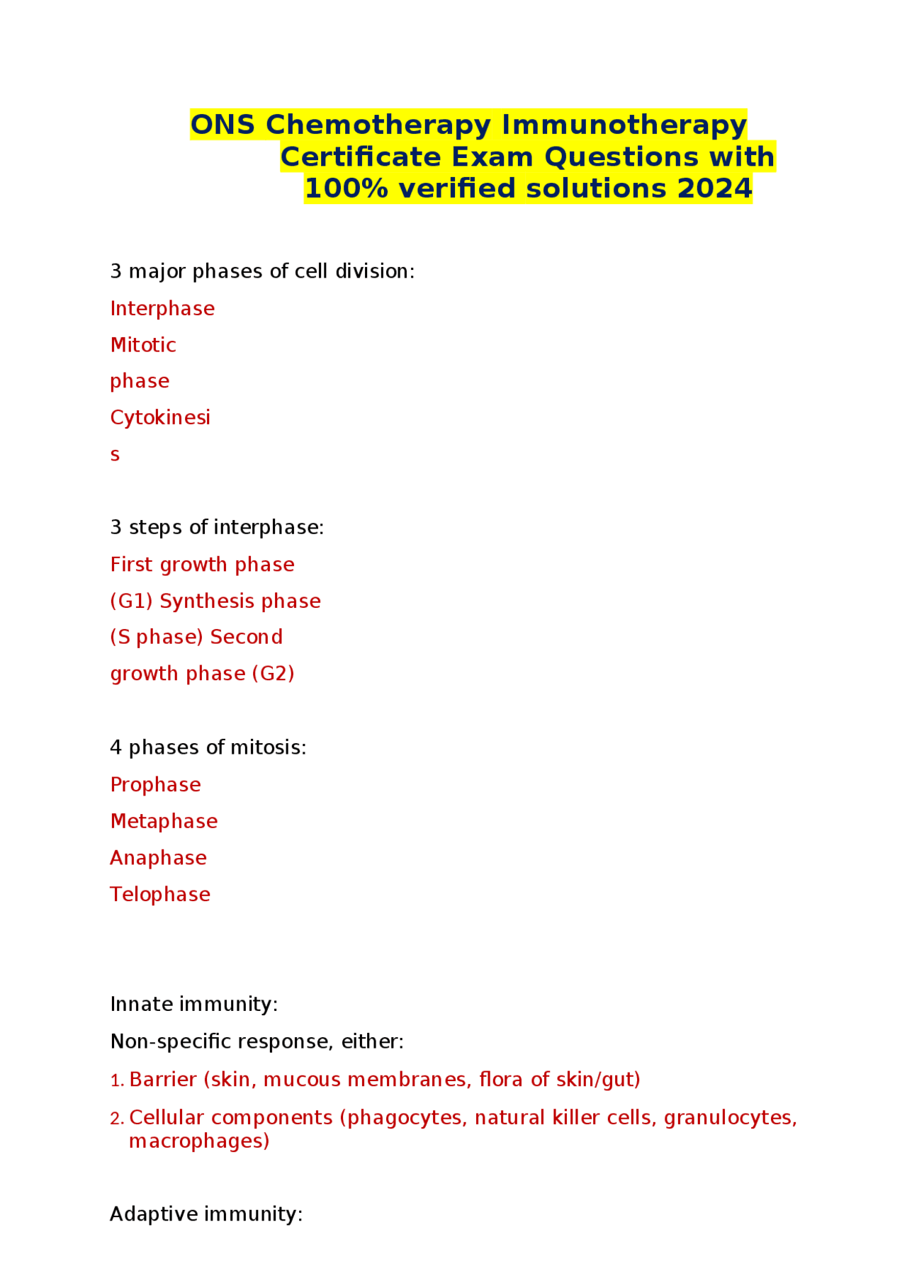 ONS Chemotherapy Immunotherapy Certificate Exam Questions with 100% ...