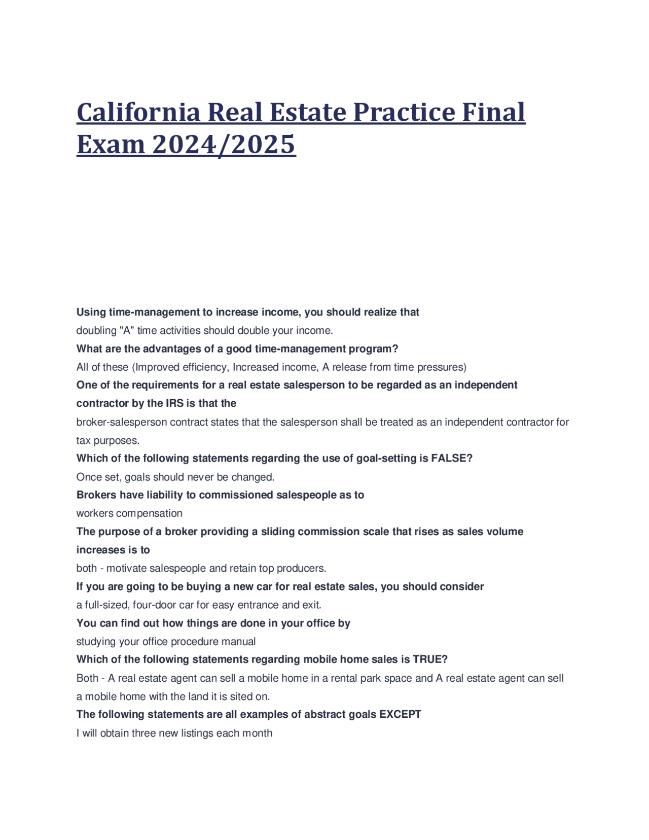 California Real Estate Practice Final Exam 2024/2025 | Exams Business Administration | Docsity