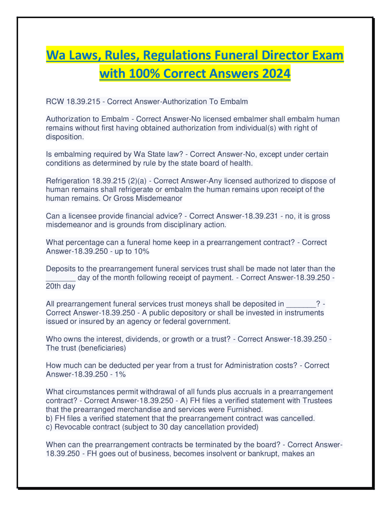Wa Laws, Rules, Regulations Funeral Director Exam with 100 Correct