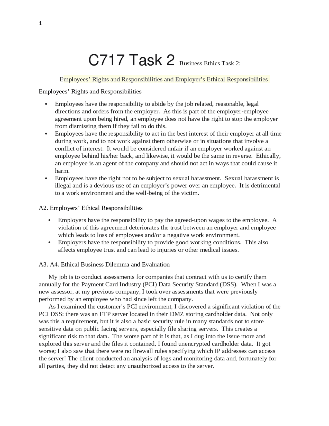 C717 Task 2 Business Ethics Task 2:Employees Rights and Resp | Lecture ...