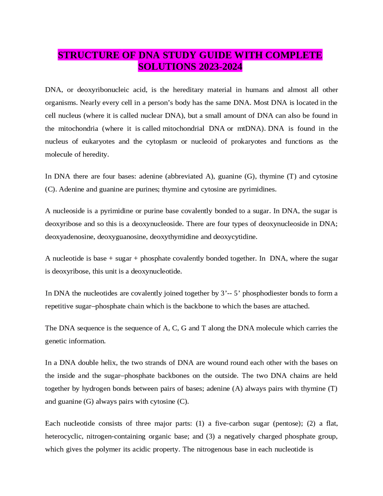 STRUCTURE OF DNA STUDY GUIDE WITH COMPLETE SOLUTIONS 2023-2024 | Exams ...