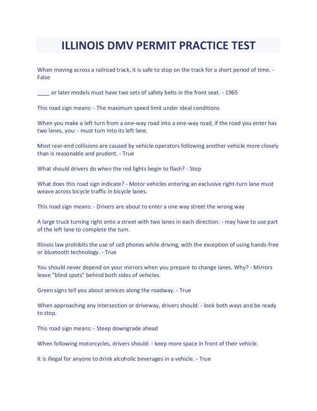 ILLINOIS DMV PERMIT PRACTICE TEST | Exams Nursing | Docsity