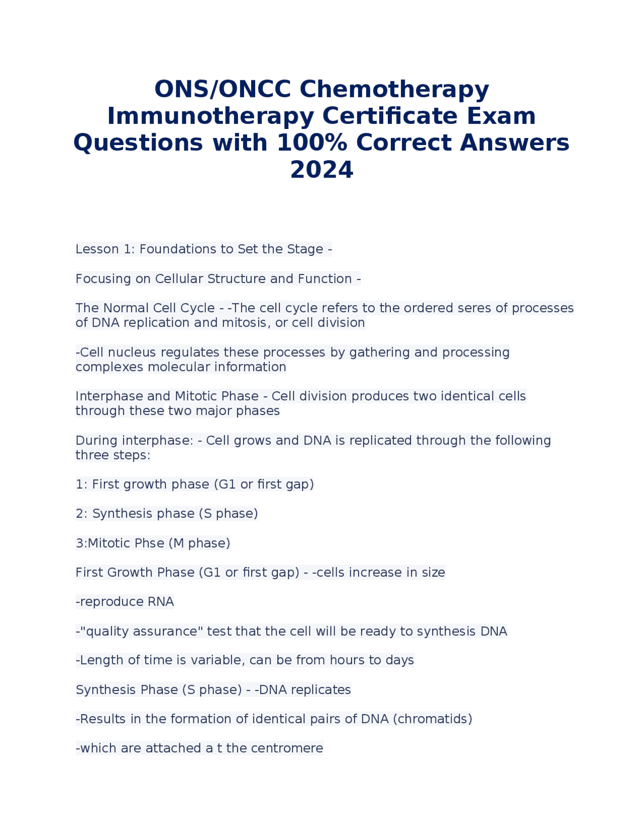 ONS/ONCC Chemotherapy Immunotherapy Certificate Exam Questions with 100 ...
