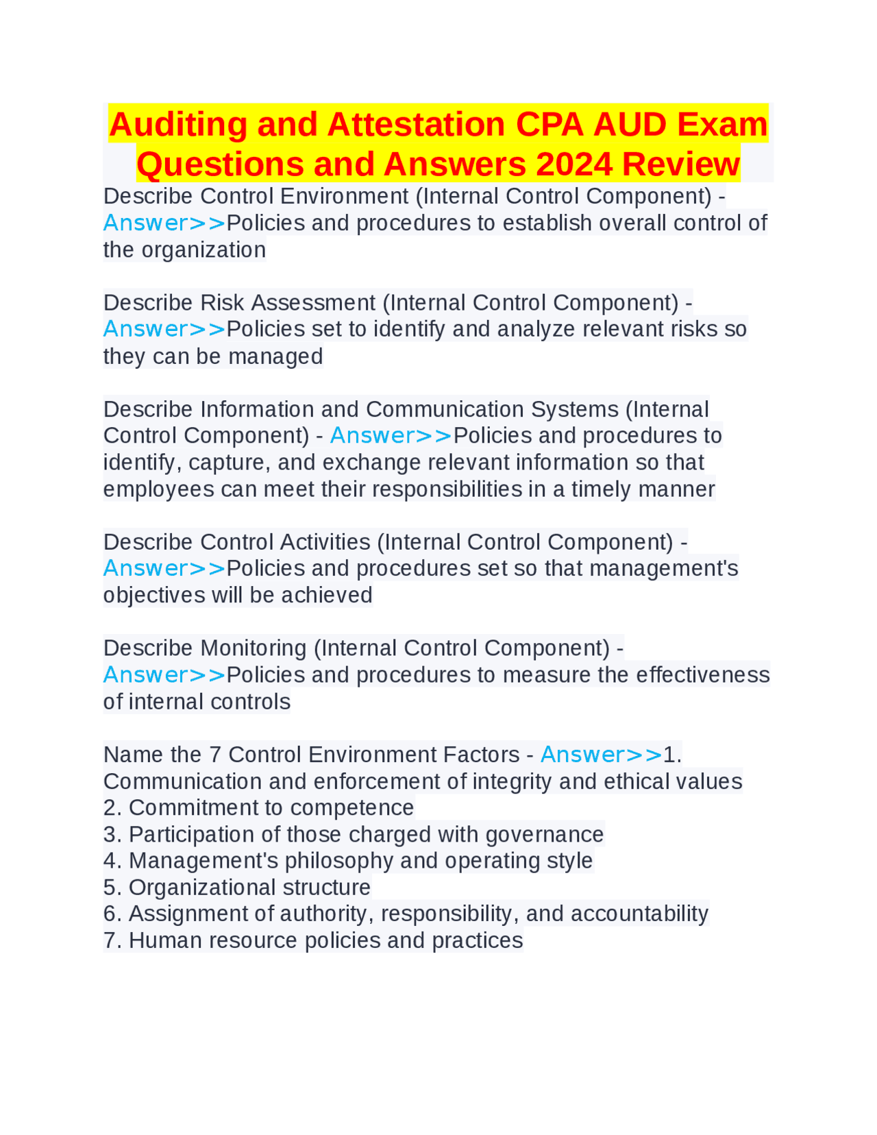 Auditing and Attestation CPA AUD Exam Questions and Answers 2024 Review ...