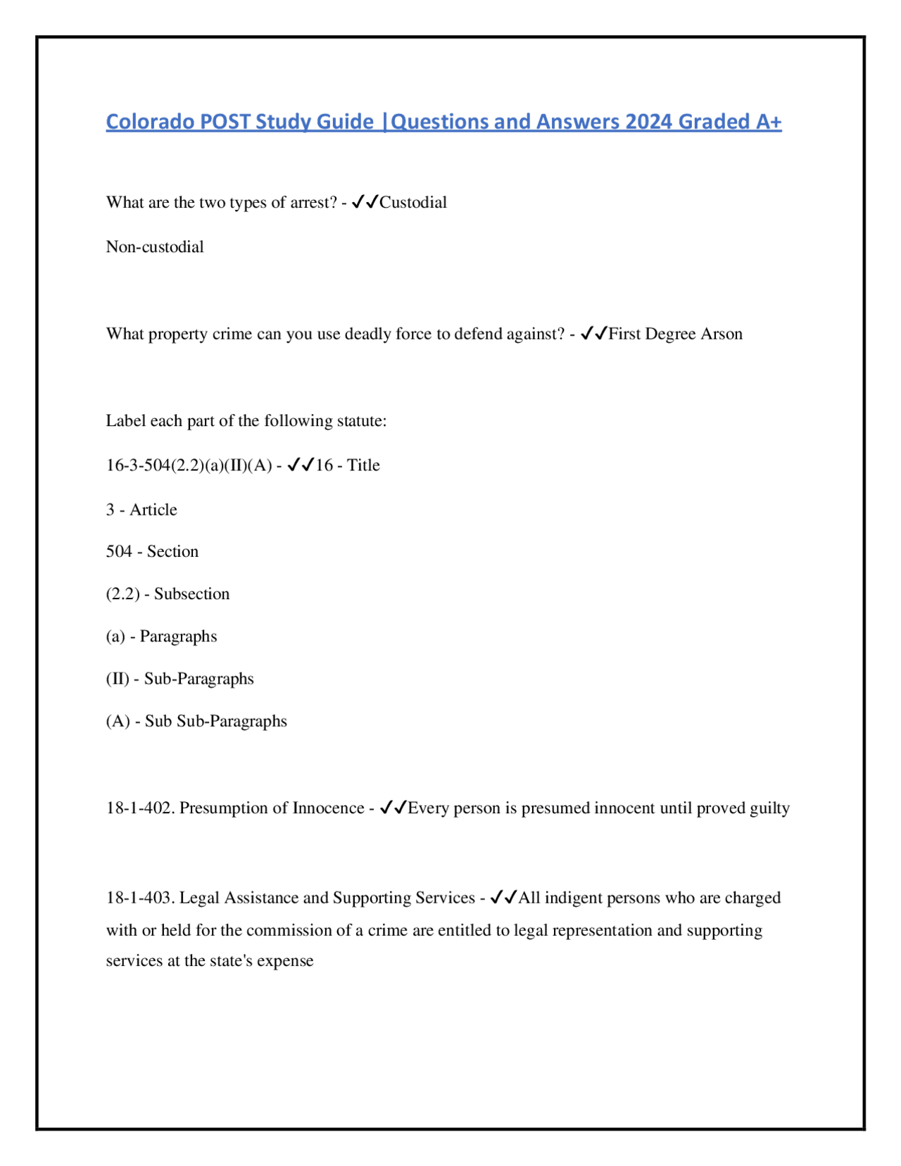 COLORADO Post Study Guide | Questions with Complete solution 2024 ...