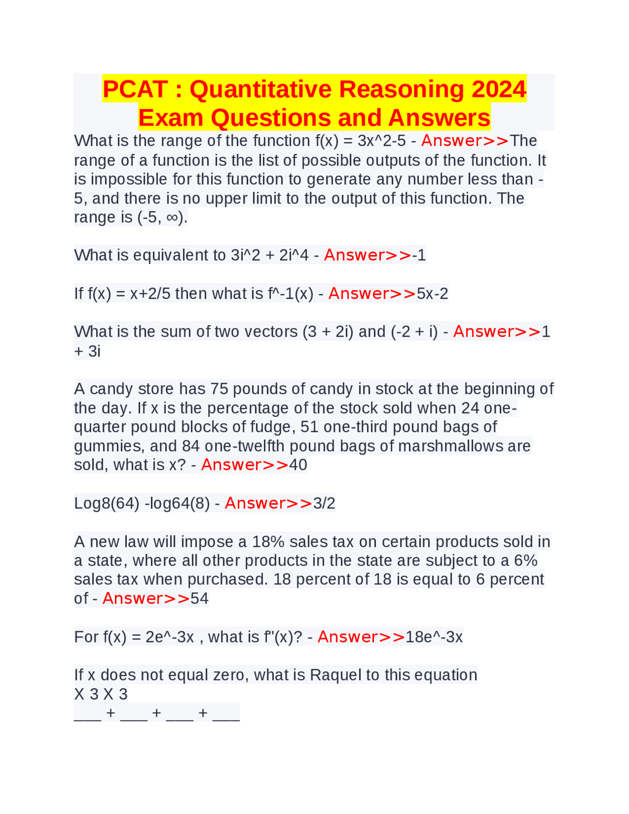 PCAT : Quantitative Reasoning 2024 Exam Questions and Answers | Exams ...