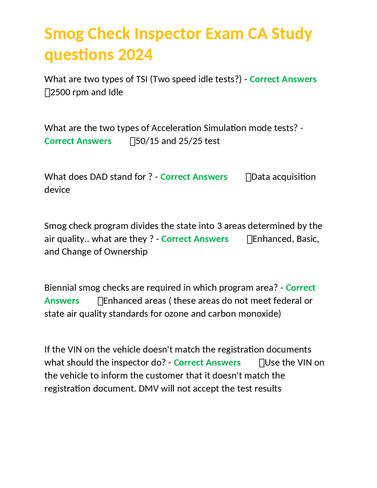 Smog Check Inspector Exam CA Study questions 2024 | Exams Nursing | Docsity