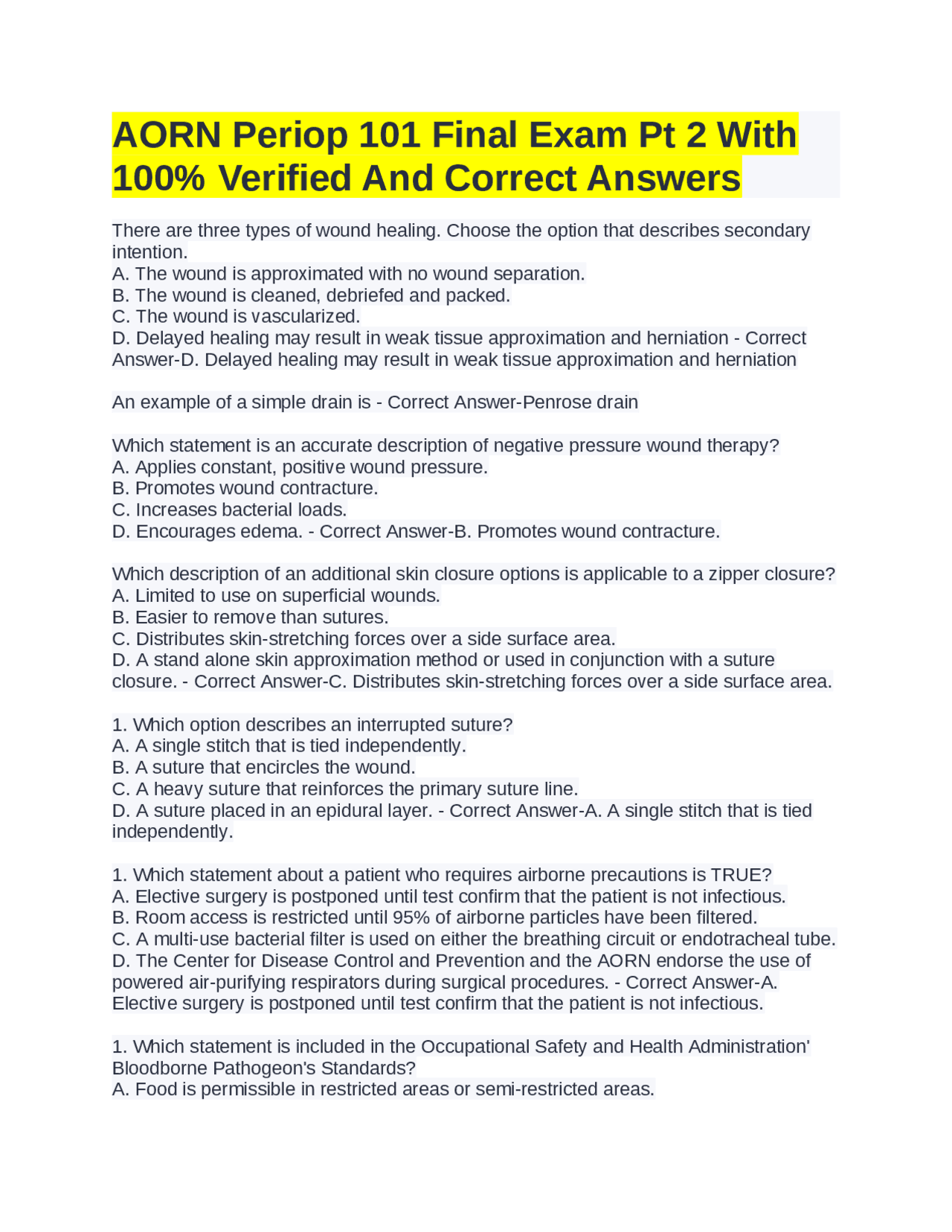 AORN Periop 101 Final Exam Pt 2 With 100% Verified And Correct Answers ...