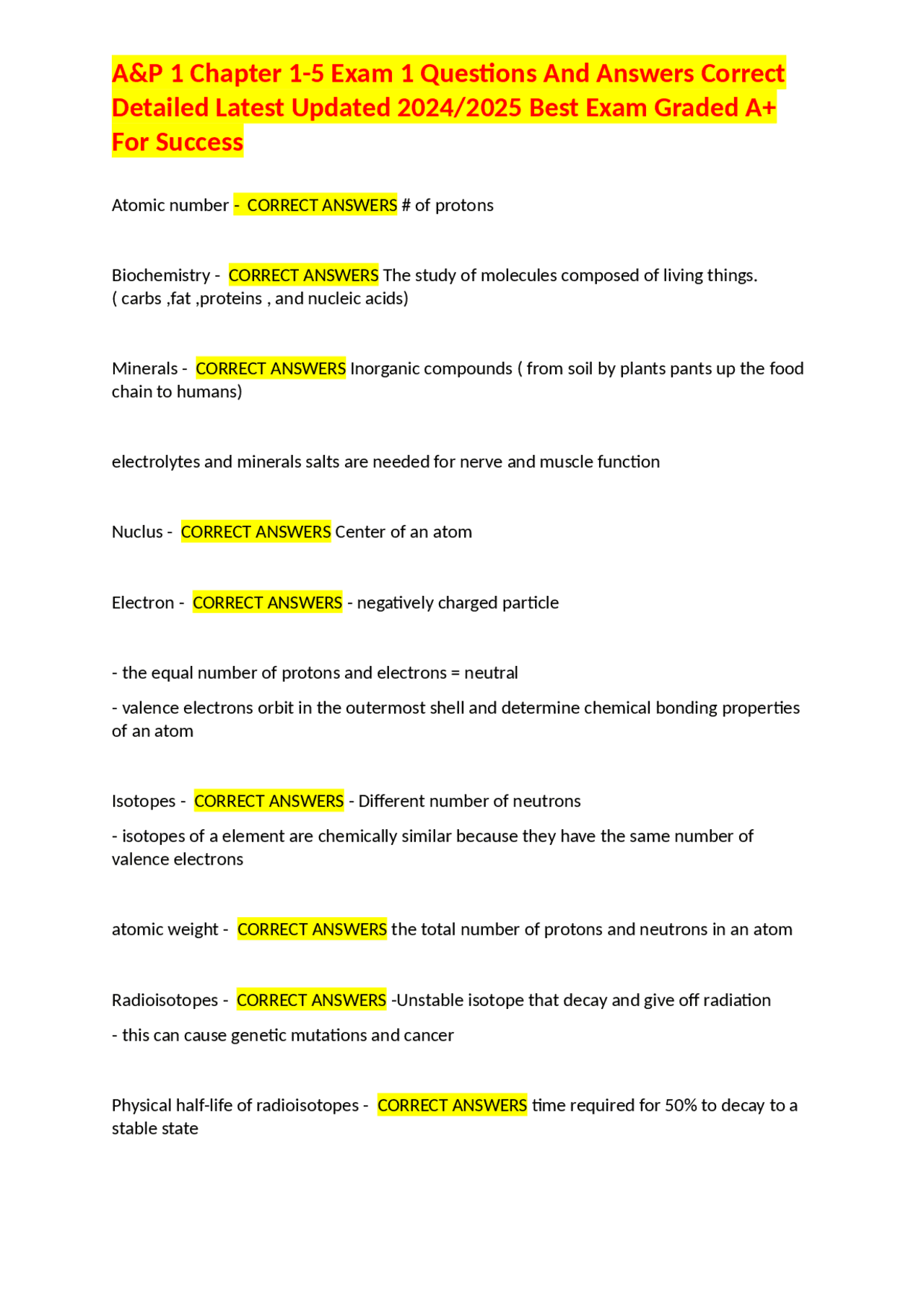 A&P 1 Chapter 1-5 Exam 1 Questions And Answers Correct Detailed Latest ...