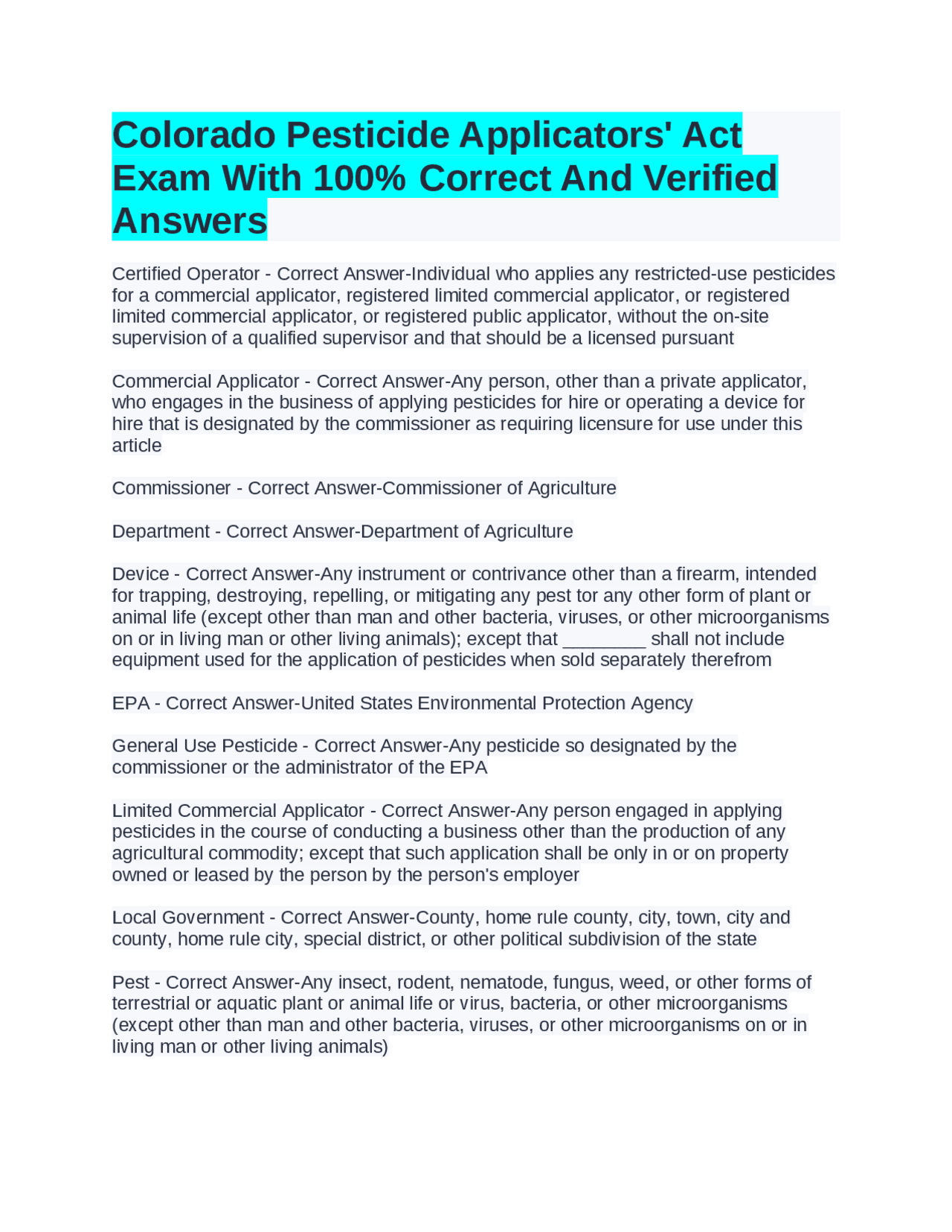 Colorado Pesticide Applicators' Act Exam With 100 Correct And Verified