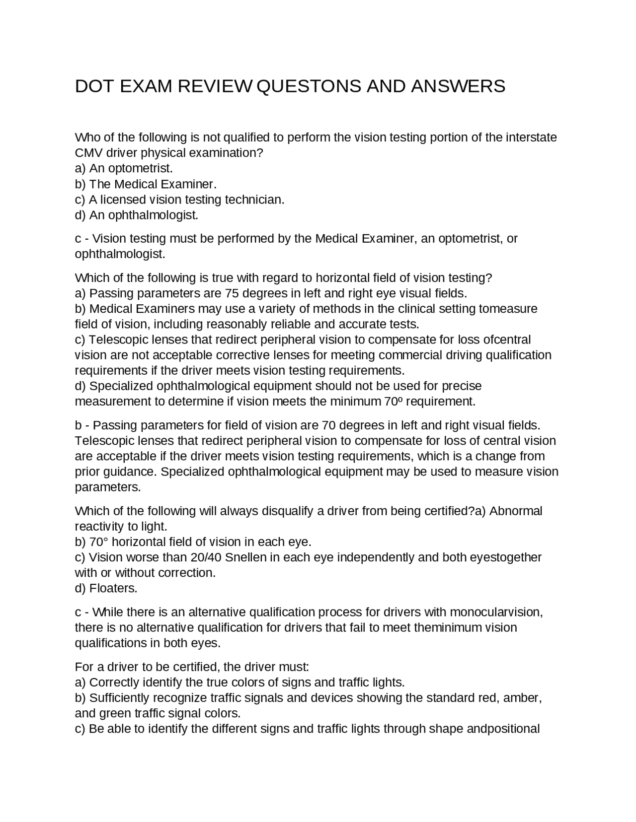 DOT EXAM REVIEW QUESTONS AND ANSWERS | Exams Nursing | Docsity
