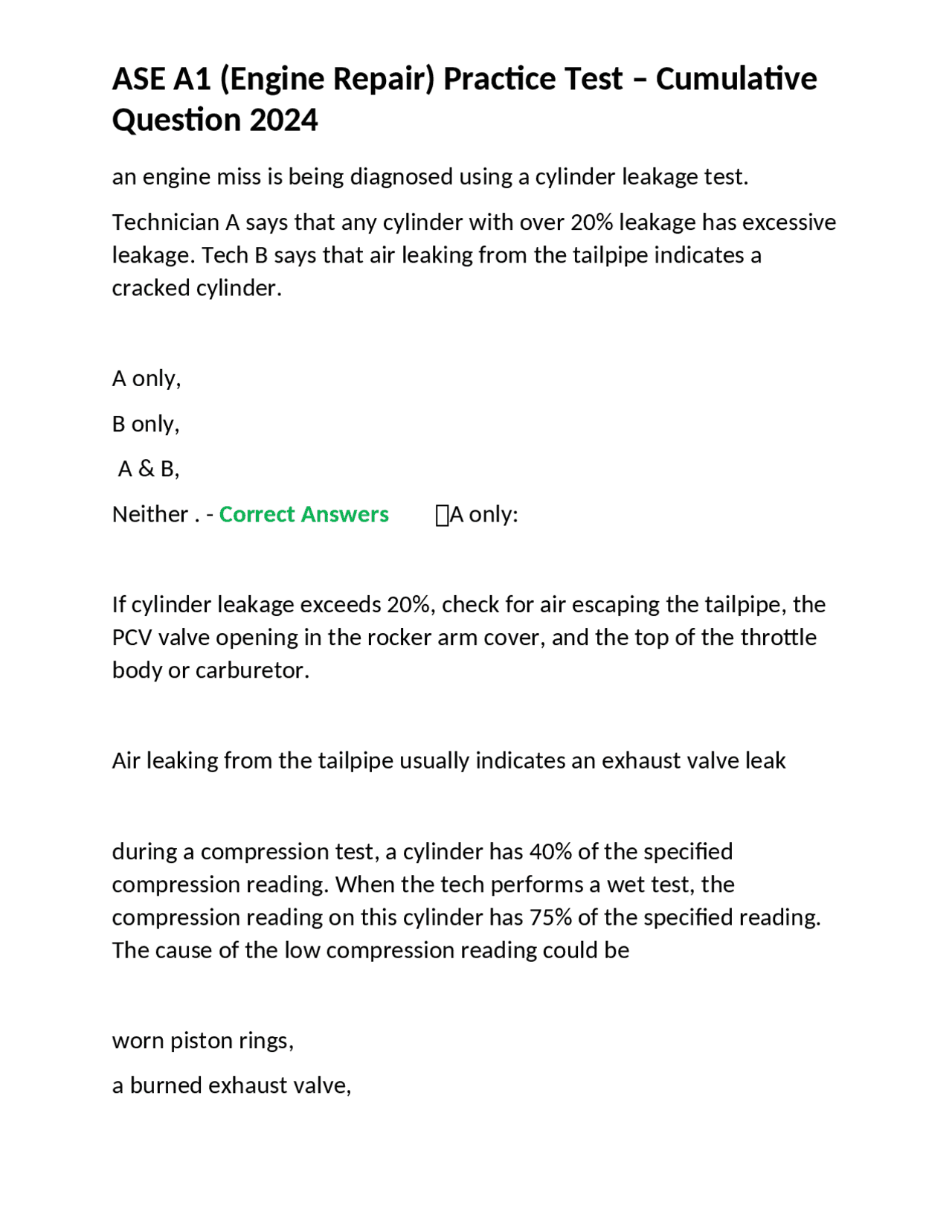 ASE A1 (Engine Repair) Practice Test Cumulative Question 2024 Exams