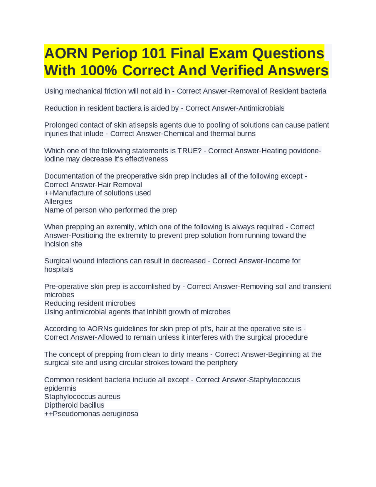 AORN Periop 101 Final Exam Questions With 100% Correct And Verified ...