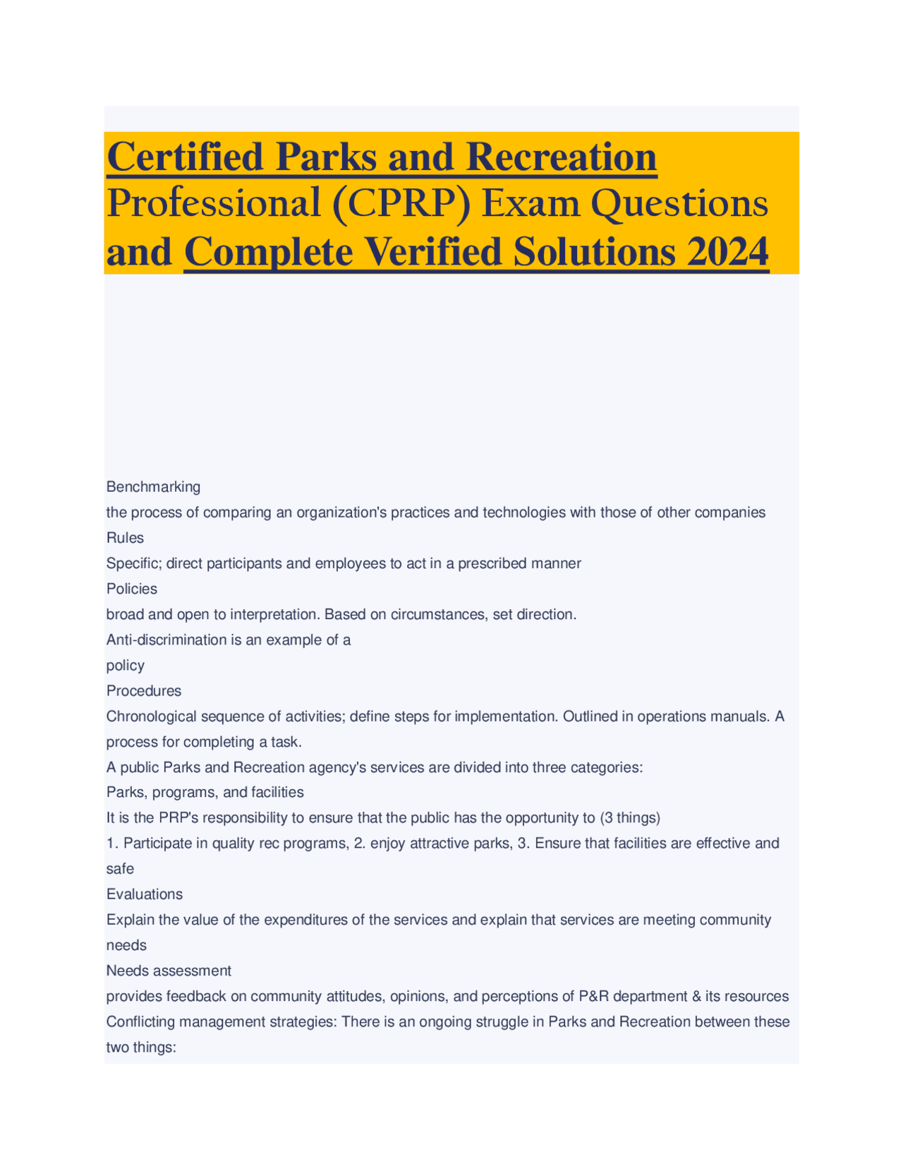 Certified Parks and Recreation Professional (CPRP) Exam Questions and ...