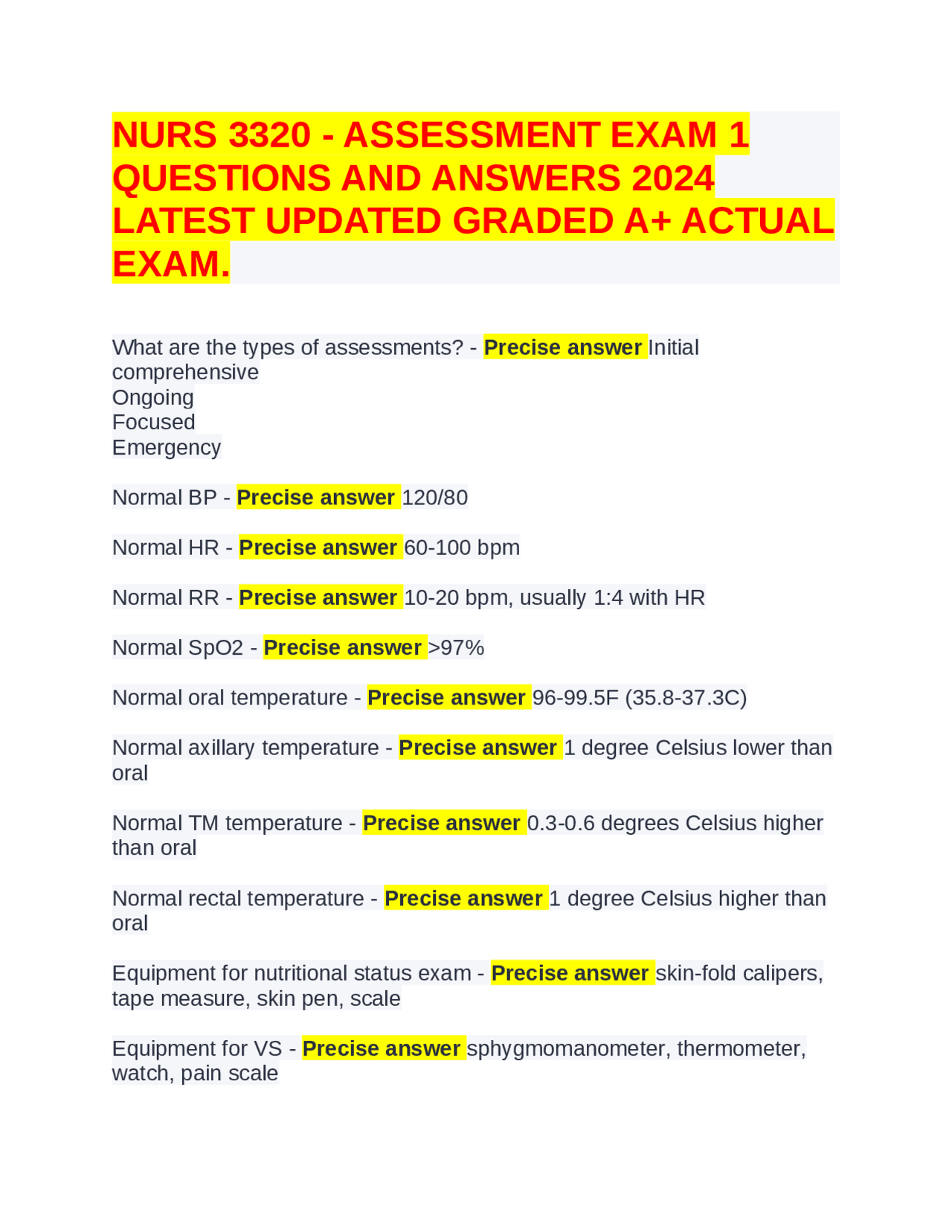 NURS 3320 - ASSESSMENT EXAM 1 QUESTIONS AND ANSWERS 2024 LATEST UPDATED ...