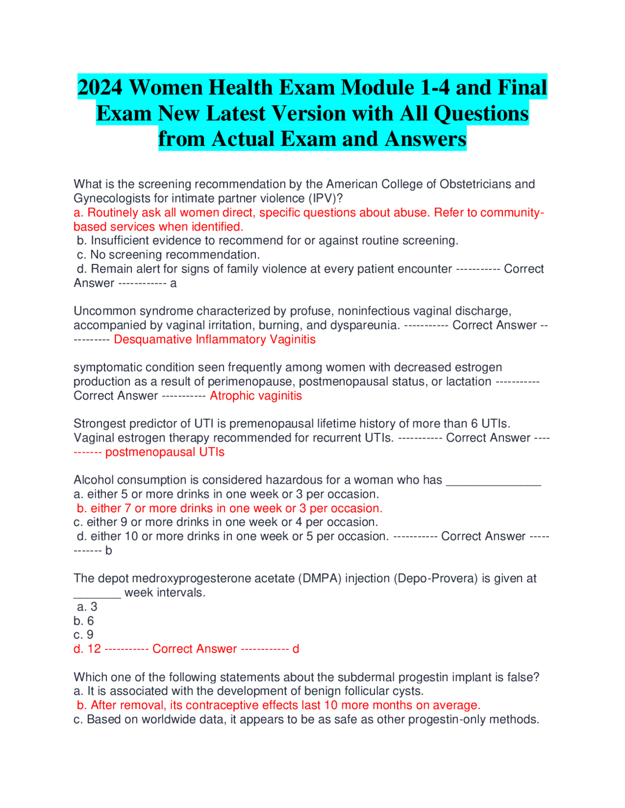 2024 Women Health Exam Module 1-4 and Final Exam New Latest Version ...