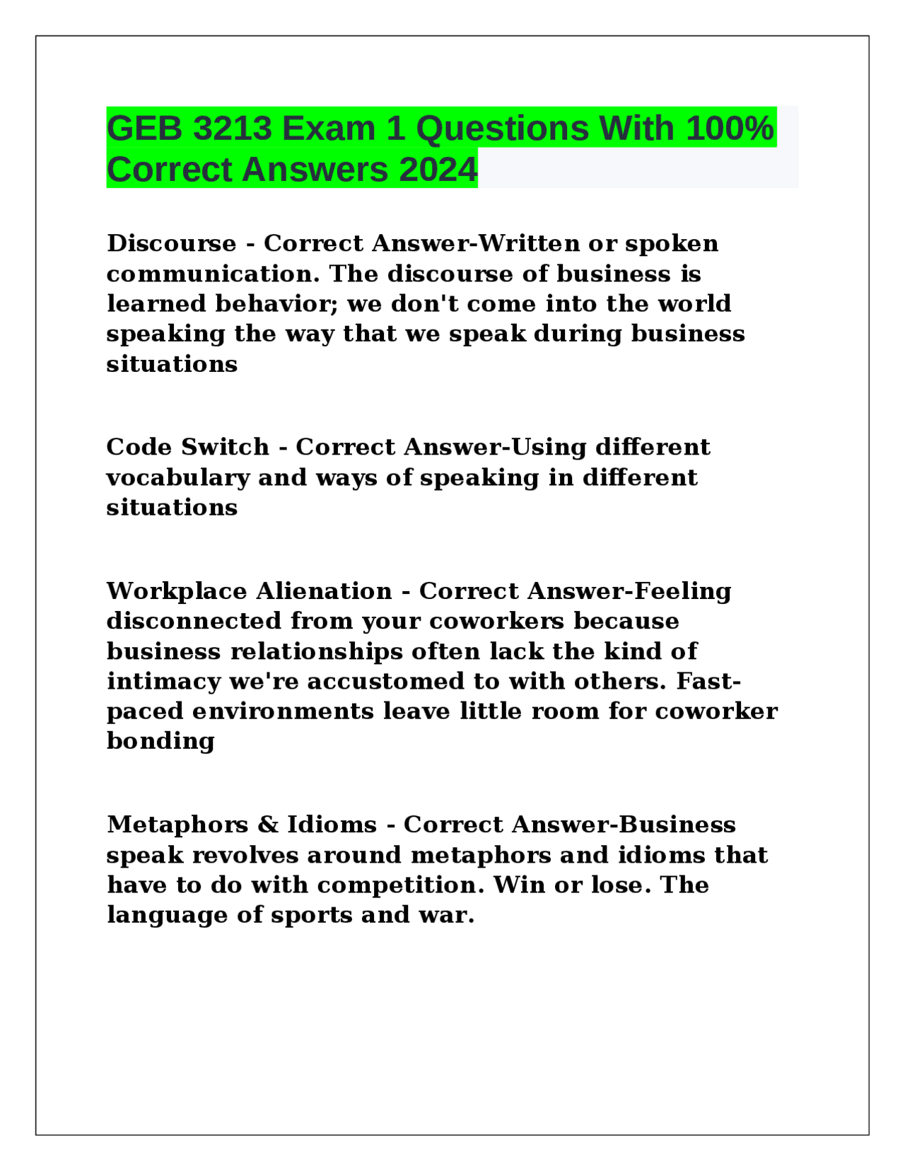 GEB 3213 Exam 1 Questions With 100% Correct Answers 2024 | Exams ...