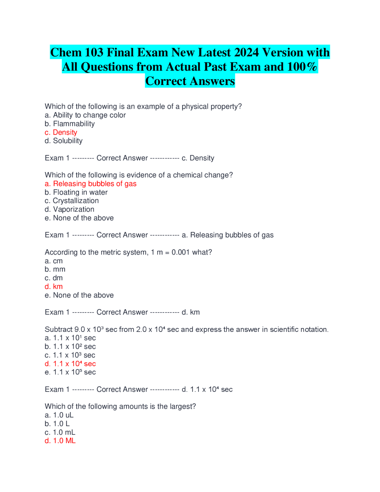 Chem 103 Final Exam New Latest 2024 Version with All Questions from ...