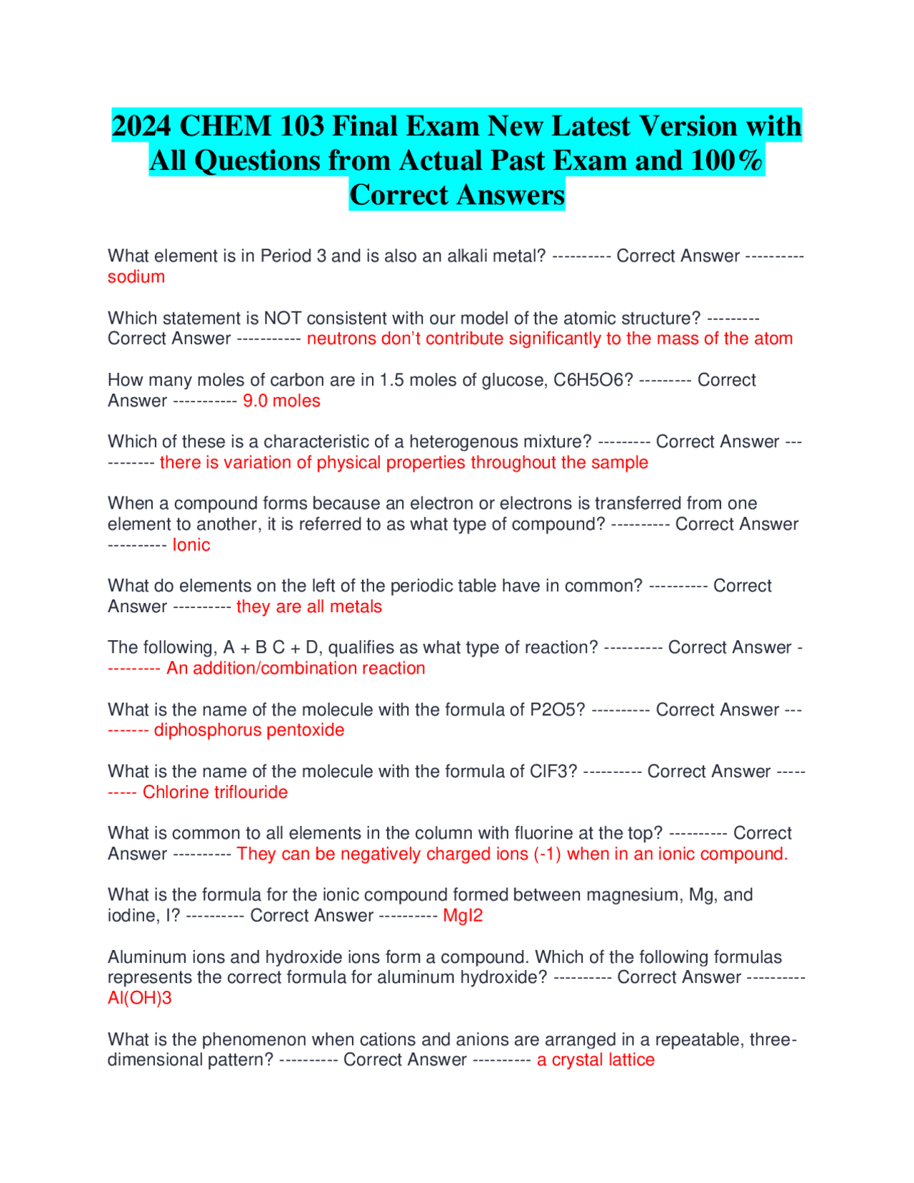 2024 CHEM 103 Final Exam New Latest Version with All Questions from ...